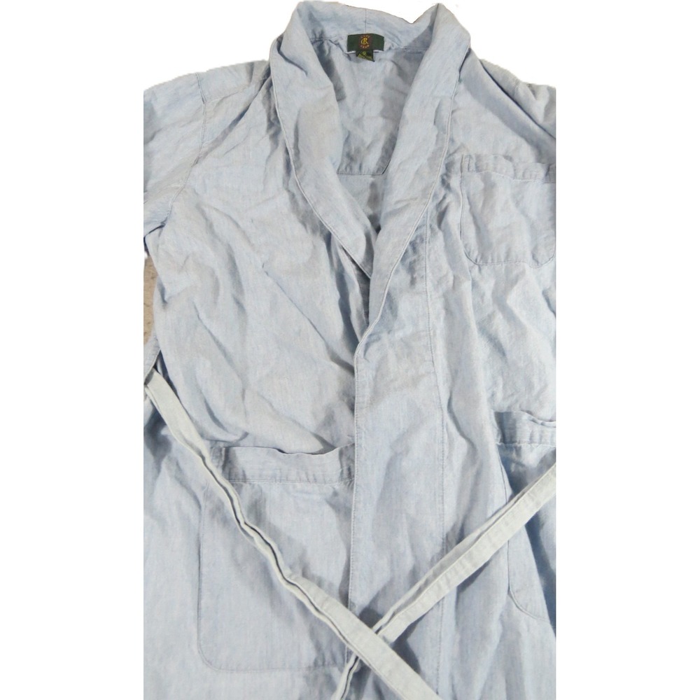 VTG 90s Club Room Robe Men M Blue Cotton Chambray Long Sleeve Bathrobe Lounge - Picture 5 of 14